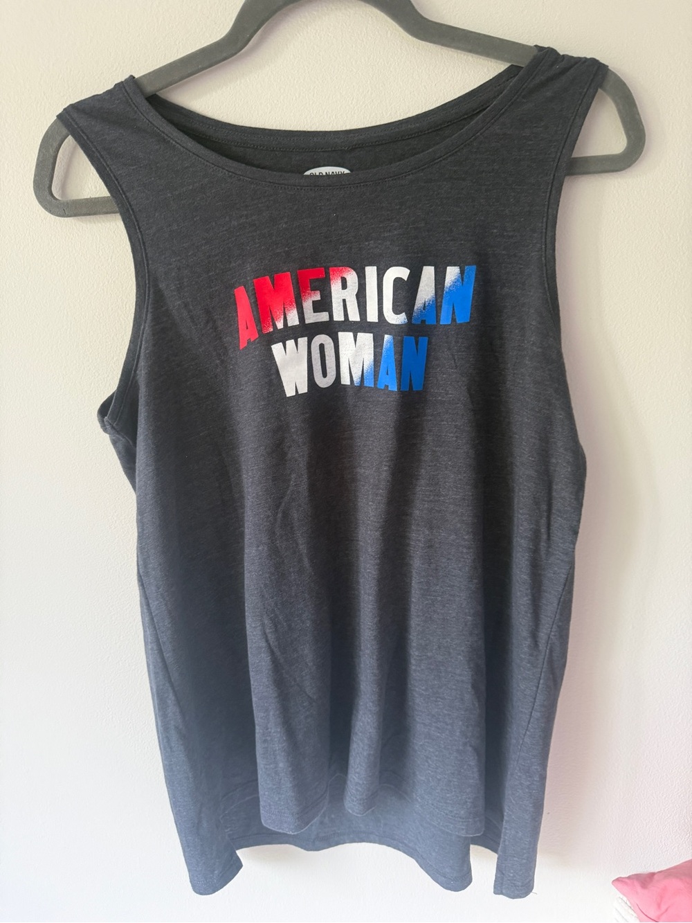 Old Navy Charcoal Tank with Red, White & Blue 'American Woman' Graphic